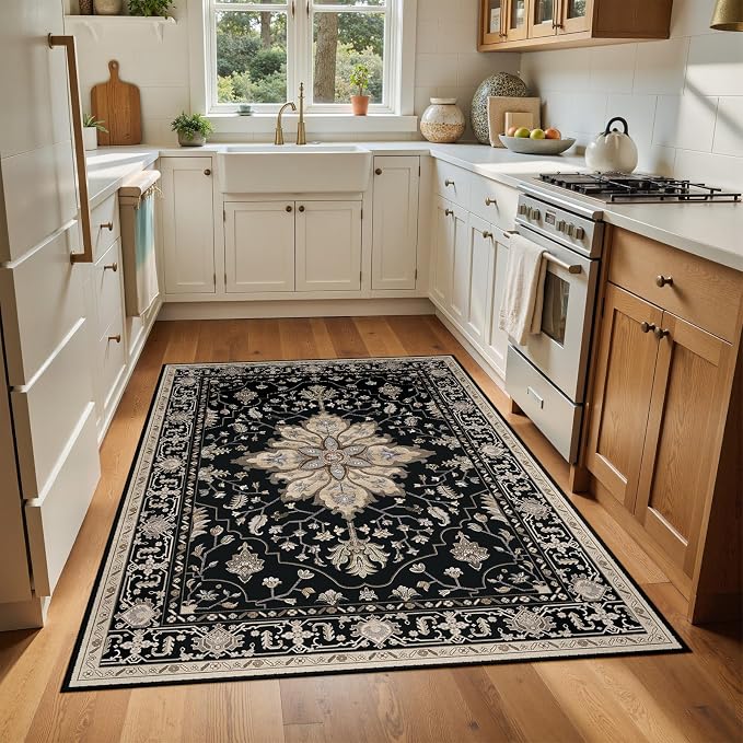 RELEANY Area Rugs 4'x6' Washable Non-Slip, Floral Vintage Distress Medallion Carpet for Living Room Bedroom Dining Room, Black Brown Neutral Dark Tan