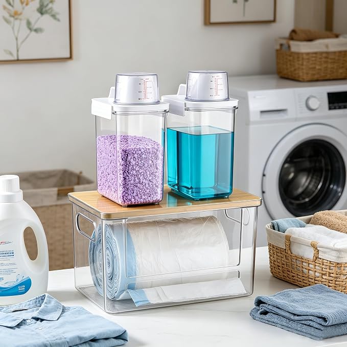 Trash Bag Dispenser Holder, 3-in-1 Laundry Detergent Dispenser Under Sink Organizer Box & Bamboo Lid, Clear Laundry Room Organization and Storage, Kitchen Garbage Bags Storage Container