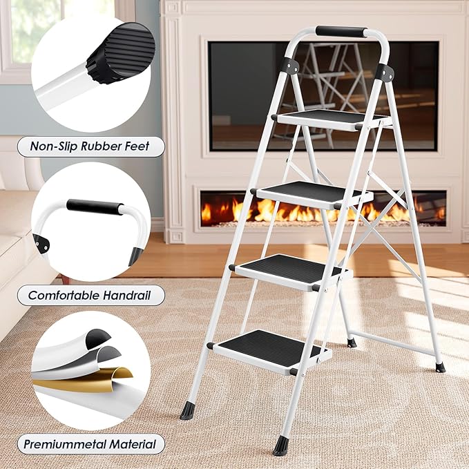 Urackify Step Ladder, 4 Step Ladder with Anti-Slip and Wide Pedal, Portable Foldable Step Stool with Handgrip, Sturdy Step Ladder for Home Kitchen Household, White