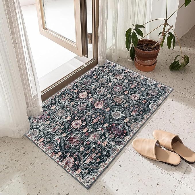 Lahome Moroccan Trellis Washable Rug, 2x3 Entryway Rugs for Kitchen Bathroom, Non-Slip Indoor Door Mat Ultra-Thin, Small Oriental Throw Carpet for Bedroom Entry Elise, Black/Multi