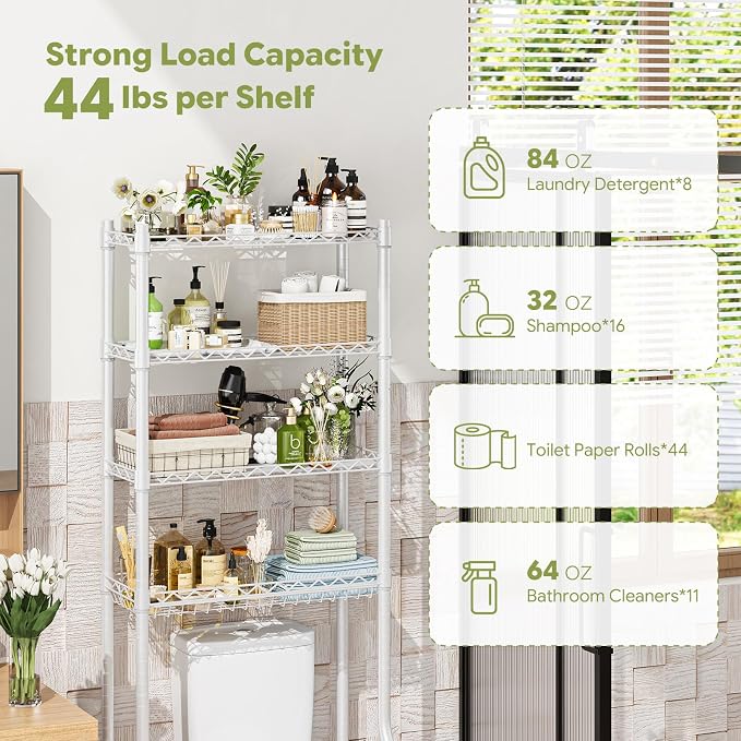 Simple Trending 4 Tier Over The Toilet Storage Rack, Bathroom Organizers and Storage Over Toilet with Adjustable Shelf and Basket, White