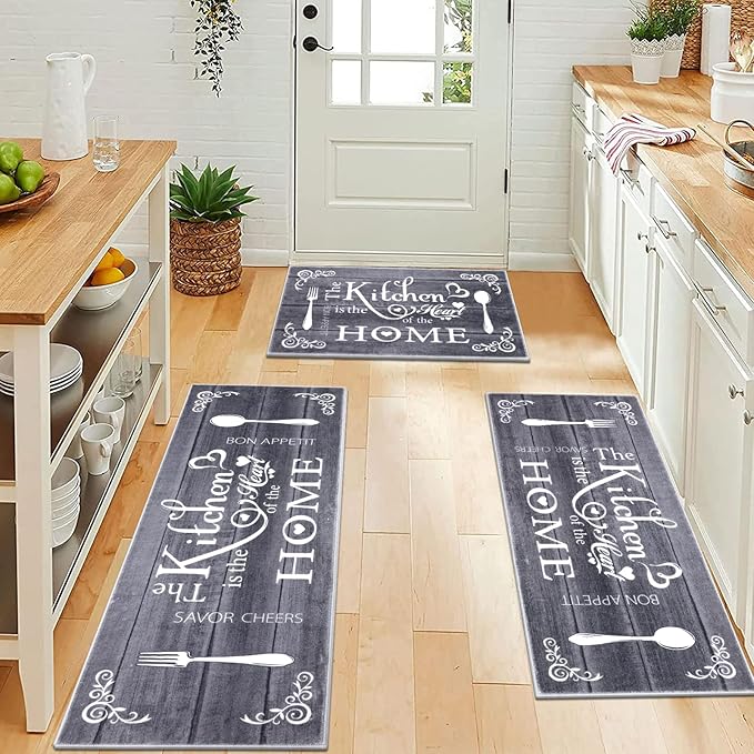 Vaukki Boho Kitchen Rug Sets 3 Pieces, Washable Kitchen Mats for Floor, Non Slip Soft Kitchen Area Rug Floor Mat for Kitchen, Laundry Room and Hallway (Grey, 20''x32''+20''x47''+20''x59'')