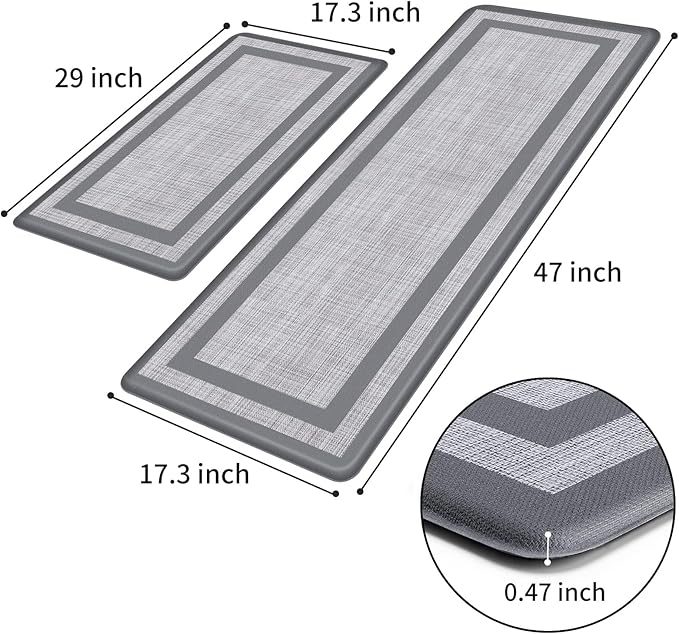 Mattitude Kitchen Mats Set of 2 Cushioned 0.47 inch Kitchen Rugs Non-Skid Rug Sets Ergonomic Comfort Standing Mat for Kitchen, Floor, Office, Sink, Laundry, Gray