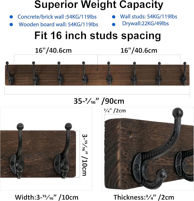 WEBI Rustic Coat Rack Wall Mount,35.43" Long 8 Cast Iron Coat Hooks Wall Mounted,Heavy Duty Wood Wall Coat Hanger Hooks for Hanging Coats,Jacket,Clothes,Backpack,Farmhouse,Weathered Brown
