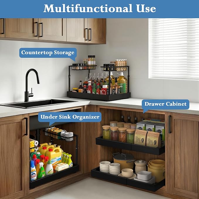 Aisslro Under Sink Organizer, 2 Tier Under the Sink Storage, Expandable Adjustable Slide Out Pull Out Under Cabinet Organizers Shelf, for Kitchen Bathroom Pantry Closet Organization, Black