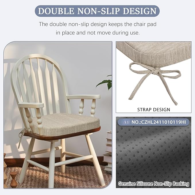 baibu Kitchen Chair Cushions Set of 6, Dual-Layer Patented Design Memory Foam Dining Chair Pads with Ties and Washable Cover, 6 Pack, 17" x 16" x 2", Beige