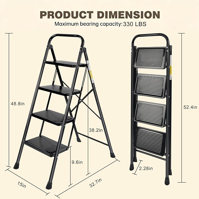 Valeo 4 Step Ladder, Step Stool with Wide Anti-Slip Pedal, 330 lbs Capacity,Step Ladder Folding Step Stool for Adults, Lightweight Steel Portable ladders for Home Kitchen & Office,Black