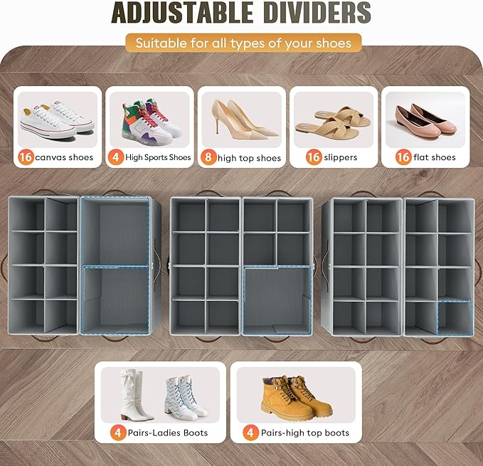 Budding Joy 2 Pack Shoe Organizer for Closet, Clear Foldable Shoe Storage Containers Adjustable Dividers Fits 16 Pairs,Shoe Storage Bins Baskets Boxes with Reinforced Handles Light grey