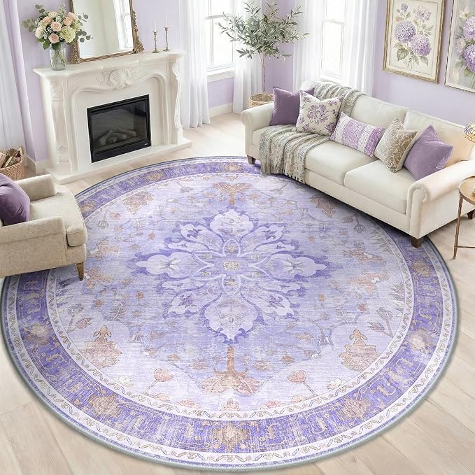 RELEANY Area Rugs Round 8ft Washable Non-Slip, Floral Vintage Distress Medallion Carpet for Living Room Bedroom Dining Room, Light Purple Brown