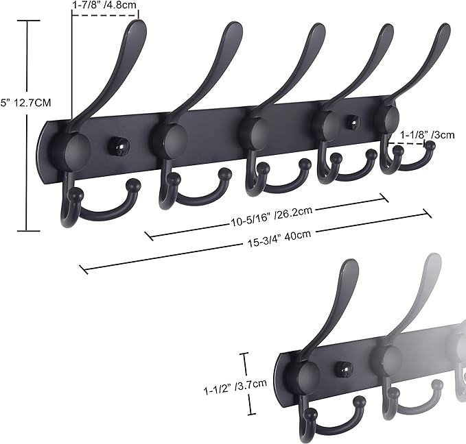 Dseap Coat Rack Wall Mounted - 5 Tri Hooks, Heavy Duty, Stainless Steel, Metal Coat Hook Rail for Coat Hat Towel Purse Robes Mudroom Bathroom Entryway (Grey, Pack of 2)