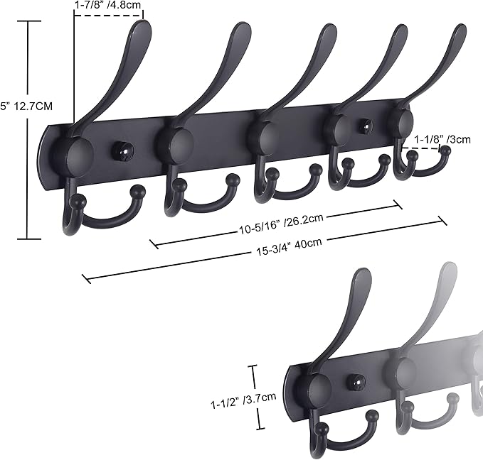 Dseap Coat Rack Wall Mounted - 5 Tri Hooks, Heavy Duty, Stainless Steel, Metal Coat Hook Rail for Coat Hat Towel Purse Robes Mudroom Bathroom Entryway,Grey