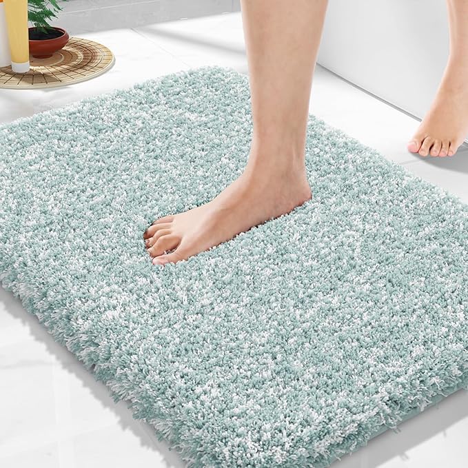 Yimobra Bathroom Rugs Non Slip Washable, Ultra Soft and Water Absorbent Bath Mats, Plush Fluffy Shower Mat Outside, Microfiber Thick Matts for Bathroom Floor/Sink, 24X17, Sky Light Blue and White