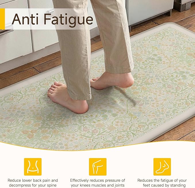 Kitchen Mats for Floor Thick Anti Fatigue Waterproof Vintage Spring Floral Kitchen Rugs 2PCS Cushioned Non Slip Green Comfort Standing Mats for Sink Laundry Office 17.3"×47"+17.3"×30"