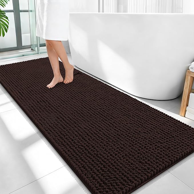 OLANLY Thick Bathroom Runner Rugs 59x24, Extra Soft Absorbent Chenille Bath Rugs, Rubber Backing, Machine Wash Dry, Long Bath Mats for Bathroom Floor, Tub and Shower, Home Decor Accessories, Brown