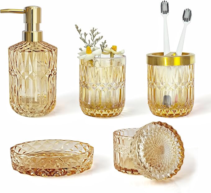 LaMarriti Clear Gold Bathroom Accessorries Set, 5Pcs Glass Bathroom Set, Soap Dispenser and Toothbrush Holder Set, Soap Dish, Tumbler, Q-Tips Holder Set for Modern Bathroom Sink, Cute Bathroom Decor