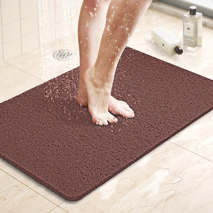 LuxStep Shower Mat Bathtub Mat,24x16 inch, Non-Slip Bath Mat with Drain, Quick Drying PVC Loofah Bathmat for Tub,Shower,Bathroom,Reddish Brown
