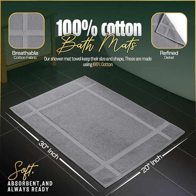 Pearl Linens 100% Ring Spun Cotton Bath Mat (Pack of 12) 20 x 30 Inch, Washable, Soft & Absorbent Terry Bathroom Floor Mat – Not Bathroom Rugs – Quick-Dry After Shower Bath Mat, 687 GSM, Light Grey