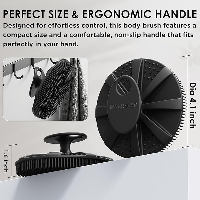 INNERNEED Food-Grade Soft Silicone Body Scrubber Shower Brush Handheld Cleansing Skin Brush, with Exfoliating Net Sponge Case (Black Brush)