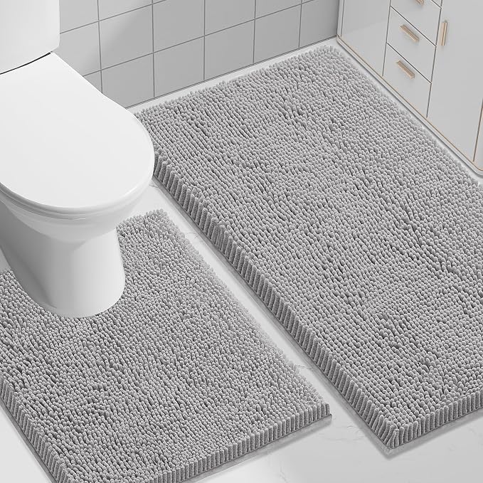 Smiry Bathroom Rugs Set 2 Piece, Soft Absorbent Chenille Bath Mat and U-Shaped Toilet Rug Set, Non Slip Shaggy Bath Carpet for Tub, Shower and Floor (30x20+24x20, Light Grey)