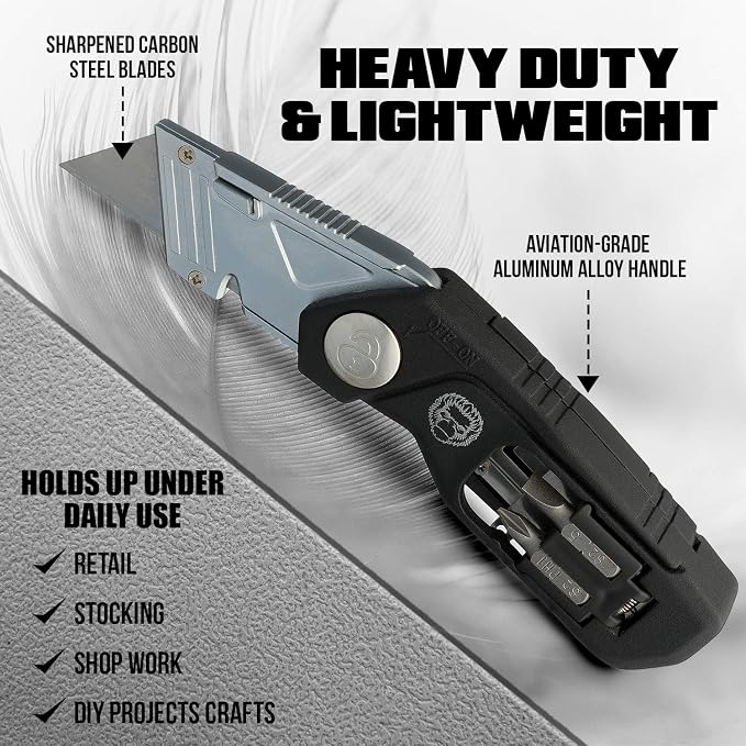 Folding Utility Knife & Box Cutter Combo with Screwdriver Bits, Wire Stripper, Quick-Change Blades, Belt Clip & Refills - Versatile Everyday Carry Tool