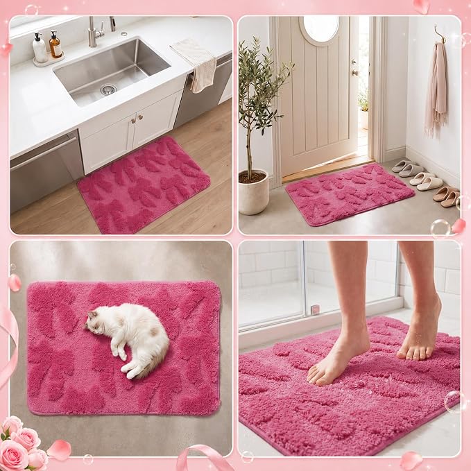Capoda 1 Pcs Pink Bow Bathroom Rug 20 x 32 Inch Coquette Bath Mat Non-Slip Soft Plush Microfiber Coquette Shower Rug for Bathroom Bedroom Entryway Laundry Room Decor(Bow, Pink)