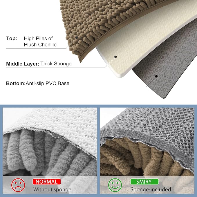 Smiry Luxury Chenille Bathroom Rugs 44x24, Extra Soft and Absorbent Shaggy Bath Mat, Machine Washable, Non-Slip Plush Carpet Runner for Tub, Shower, and Floor, Home Decor Accessories, Camel