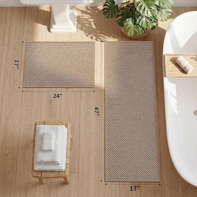 YIHOUSE Thin Bath Mat Khaki Bathroom Rugs Sets 2 Pieces, Non Slip Absorbent Mats Quick Dry, Woven Rugs Washable, Tapetes para Baño for Bathroom Toliet,Bathtub(17"x24"+17"x47")