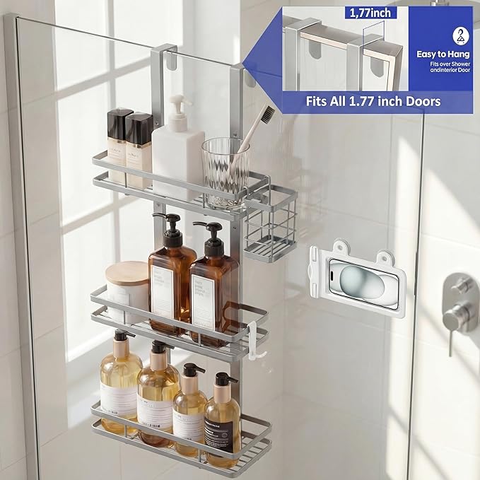 Over the Door Shower Caddy Hanging, Rustproof Shower Shelves with Waterproof Phone Pouch, Adjustable Bathroom Organizers and Storage, No Drilling Shampoo Soap Shelf (Silver 3-Tier)