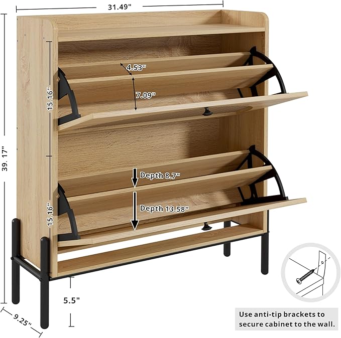 IRONCK Shoe Cabinet Storage with 2 Flip Drawers, Free Standing Wooden Shoe Storage Organizer Cabinet with Rattan Doors for Entryway, Narrow Shoe Rack Cabinet, Oak