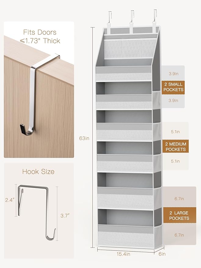 Criusia Over The Door Organizer, Heavy-Duty 6-Shelf Hanging Storage with 13 Mesh Pockets, 55lbs Capacity Behind The Door Storage for Nursery, Bathroom, Bedroom, and Dorm, Grey