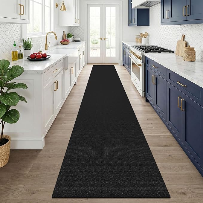 KOZYFLY Black 2.5'x14' Runners Rugs for Hallway, Long Washable Runner Rug, Woven Non Slip Kitchen Runner, Flatweave Entryway Rug, Floor Carpet for Entry, Aisle, Hall, Black/Dark Grey