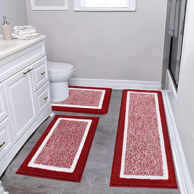 Pauwer 3 Piece Bath Mat Set Bathroom Rugs, Non Slip Plush Bathroom Mats, Absorbent Shaggy Bath Rug Set with U-Shaped Contour Toilet Mat for Bathroom Bedroom Living Room, Red