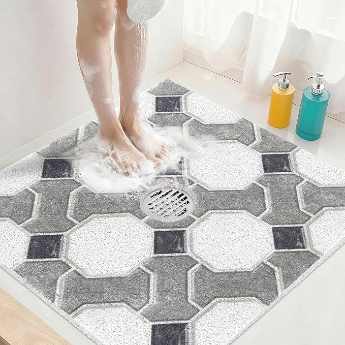 Square Shower Mat Non Slip: 32x32 Inch Extra Large Shower Mats for Inside Shower, Non Slip Shower Mat with Drain Hole in Middle- Anti Slip Shower Floor Mat, Loofah Shower Stall Mats for Elderly