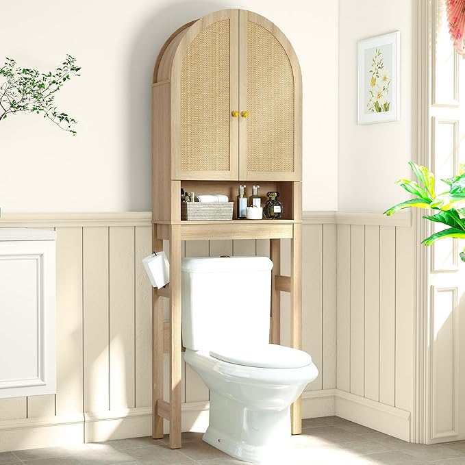 HMstone Over The Toilet Storage Cabinet, Arched Bathroom Organizer and Storage with Rattan Doors and Adjustable Shelf, Space-Saving Freestanding Bathroom Modern Storage Cabinet Over Toilet (Natural)