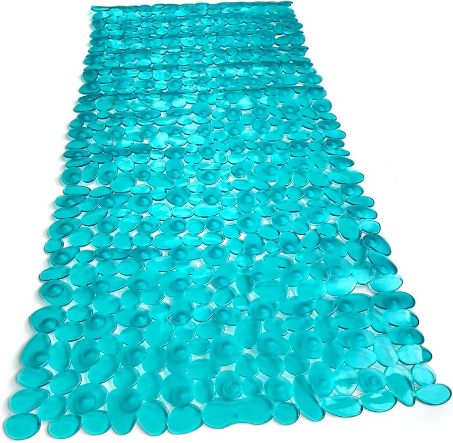 “Pebbles” Non-Slip Bathtub/Shower Mat 35"x16" Rectangular, Non-Toxic, Safe, Clean, Machine-Washable, Superior Grip & Drainage, Vinyl, for Smooth Floors ONLY, Transparent Turquoise