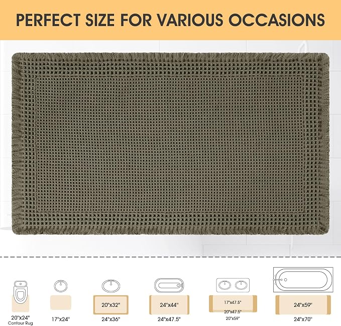 Upgrade Waffle Bath Mat, 36"x24" Greyish Green, Boho Bathroom Rugs Absorbent Non Slip, Ultra Soft Bathroom Mat, Machine Washable Knit Bath Rugs with Border for Bathroom, Bedroom, Kitchen, Shower