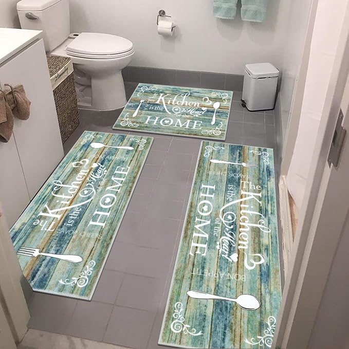 Vaukki Boho Kitchen Rug Sets 3 Pieces, Washable Kitchen Mats for Floor, Non Slip Soft Kitchen Area Rug Floor Mat for Kitchen, Laundry Room and Hallway (Teal and Brown, 20''x32''+20''x47''+20''x59'')