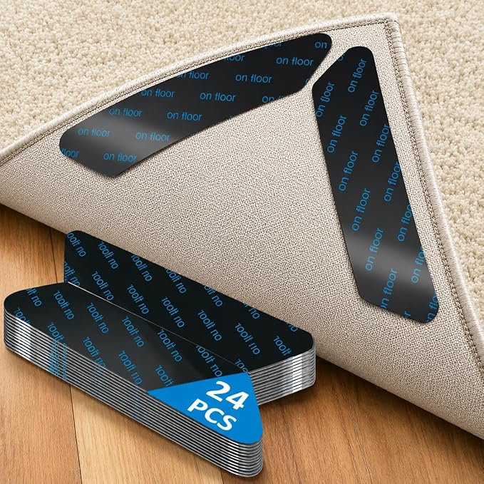 Rug Grippers 24PCS, Trapezoid Non Slip Rug Pads, Reusable Washable PU Carpet Tape, Strong Adhesive Rug Corner Tape for Hardwood Floors Tile Laminate Marble, Black