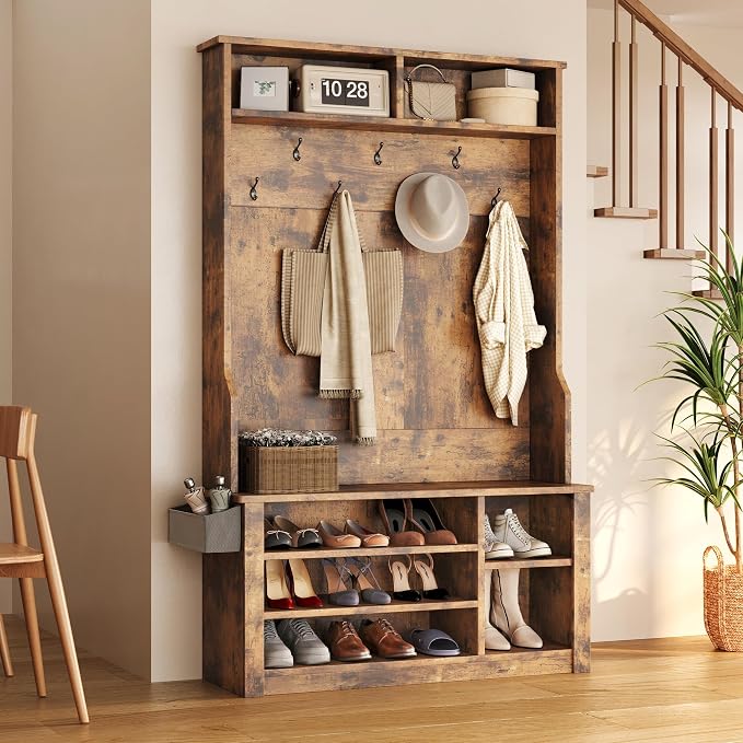 Aiho Entryway Hall Tree with Bench and Storage, 5-in-1 Hall Tree with Coat Rack, Adjustable Shoe Bench, 2-Tier top Storage, for Hallway, Entryway, Bedroom, Rustic Brown