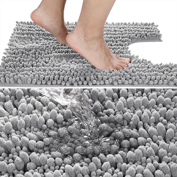 Yimobra Toilet Rug U Shaped Washable 24x24 Inch - Ultra Soft Absorbent Chenille Bath Rugs for Toilet, Quick Dry & Machine Washable, Non Slip Contour Bathroom Mat, Gray