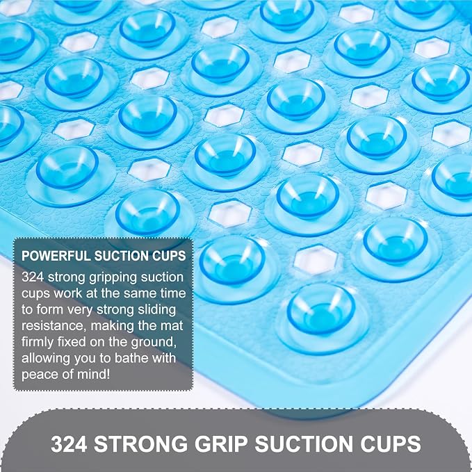 TEESHLY Bath Mat for Tub & Shower, Non Slip Soft Bathmat with Suction Cups & Drain Holes, Machine Washable Bathtub Floor Liner Mats for Bathroom, 35x16 Inch, Clear Blue