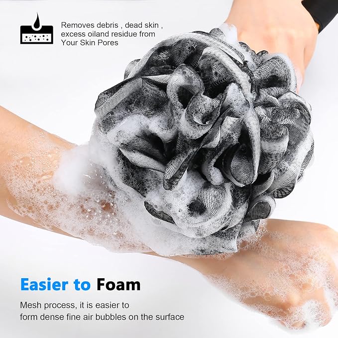 FORENEE Long Loofah with Handle, Back Scrubber for Shower, Loofah on a Stick (19.09"), Black & White 4.72" Jumbo Mesh PE Pouf, Waterproof Coated Wooden Handle, Non-Slip Grip, Hanging Loop, Men & Women