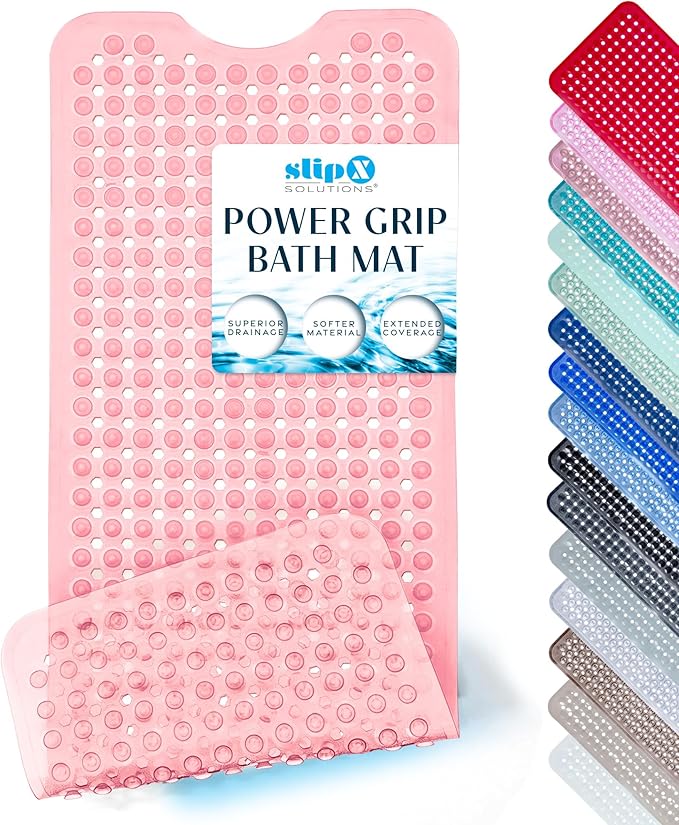 SlipX Solutions Power Grip Bathtub Safety Mat | Precision Grip Technology for Longer, Stronger, & Softer Wet Surface Protection | Clear Coral 39"x16"