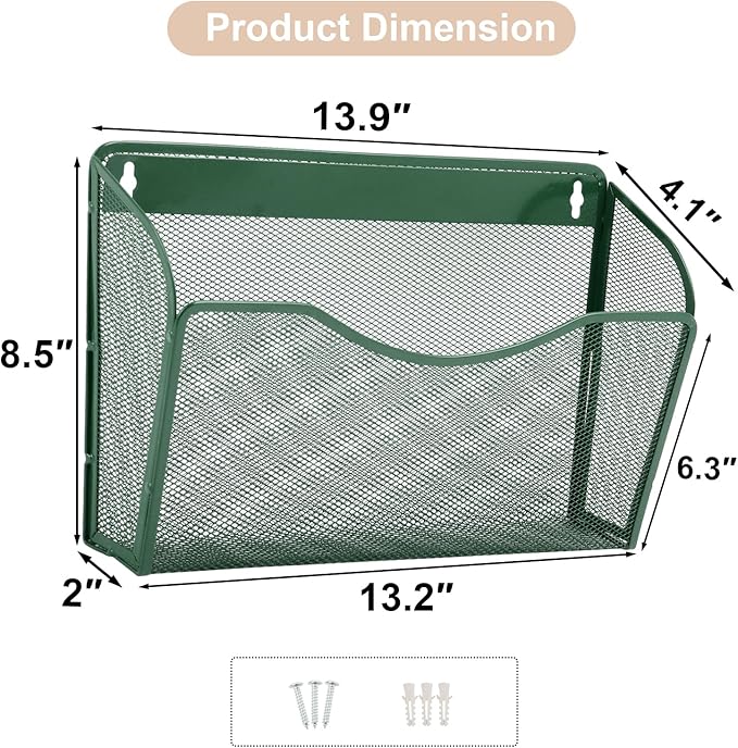 EASEPRES 3 Single Pocket Mesh Hanging File Organizer, Vertical Wall Mounted Magazine File Holder, Mount Basket Mail Paper Document Folder Organizing for Office, Home and School, Dark Green