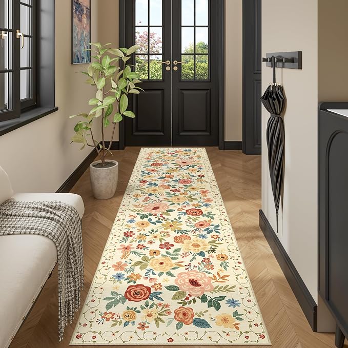 DUKINO Runner Rug for Hallway, 2.6x10 Washable Floral Long Kitchen Rug with Non Slip Backing, Lightweight & Stain Resistant Runners for Indoor Entrance, Laundry, Living Room, Bedroom, Beige Yellow