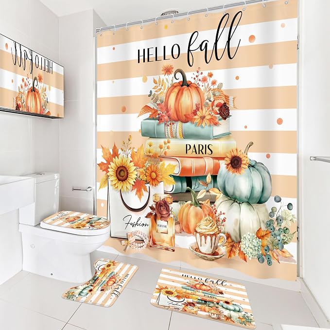 4Pcs Fall Autumn Shower Curtain Set, Pumpkin Sunflower Maple Leaf Bathroom Curtain with Rug, Toilet Lid Cover, Bath Mat, Burnt Orange Brown High Heels Books Shower Curtain with 12 Hooks