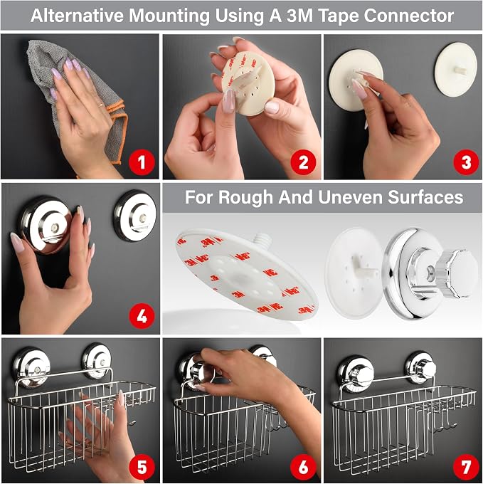 HASKO Suction Cup Shower Caddy Basket for Shampoo, Shower Suction Shelf Organizer, Basket with Soap Holder and Hooks, Stainless Steel Shampoo Holder for Bathroom Storage, Chrome