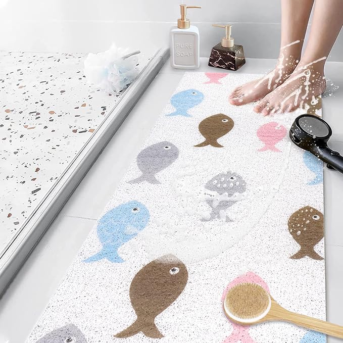 Bathtub Mat Shower Mat Non-Slip, 16x 39 Inch, Soft Comfort Bath Mat with Drainage Holes, PVC Loofah Massage Bathmat for Shower, Tub, Bathroom, Wet Areas, Quick Drying