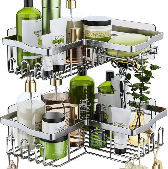 HapiRm Corner Shower Caddy Organizer - Shower Organizer Corner with Shampoo Holder and 11 Hooks, Rustproof Bathroom Shelf for 90° Right Angle - Silver