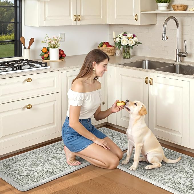 KIMODE Anti Fatigue Mats for Kitchen Floor Non Slip,Boho Vintage Floral Rugs Sets of 2,Cushioned Carpet Non Slip for Laundry,Wide Memory Foam Runner for Sink Office,Green 20"x47"+20"x32"